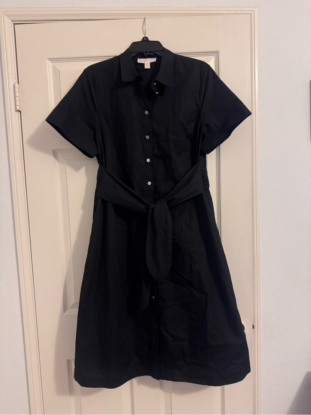 Michael Kors Black Short-Sleeve Button-Front Midi Shirt Dress with Self-Tie
